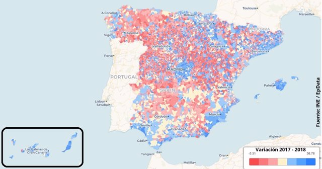 Variación de la población padrón 2017 - 2018 (INE)