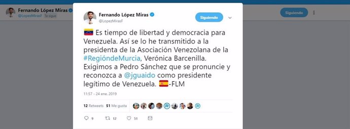 Imagen del tuit publicado por López Miras en su cuenta