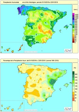 Lluvias acumuladas en España hasta el 22 de enero