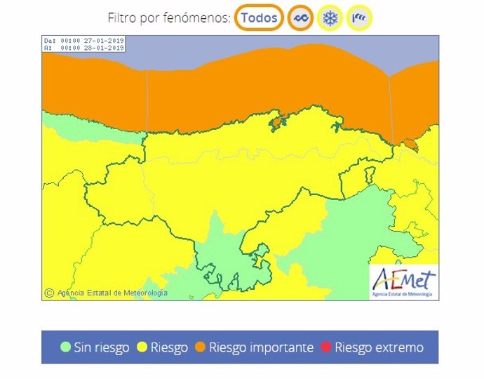 Mapa de avisos meteorológicos de Cantabria el 27 de enero de 2019