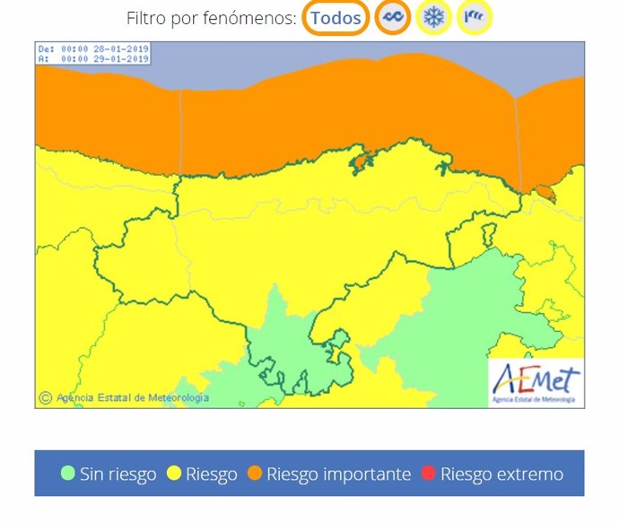 Mapa de riesgos meteorológicos en Cantabria 28 de enero 2019