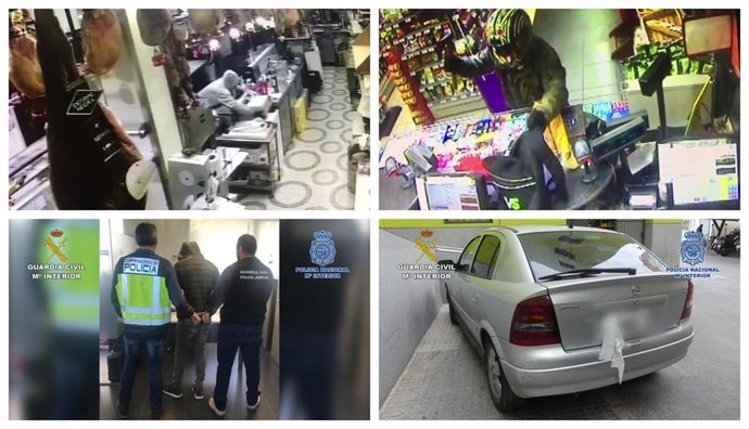 Imagen de los robos, de los dtenidos y del coche abandonado en una de las huidas