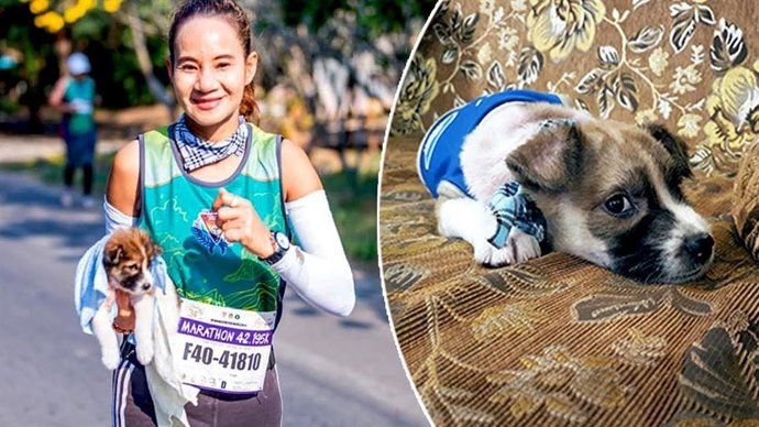 Una maratoniana rescata a un cachorro abandonado en mitad de la carrera y lo lle
