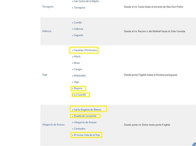 Pantallazo de la página del Ministerio de Fomento con los nombres de las Capitan