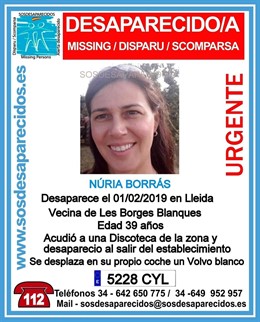 Buscan a Núria Borrás, mujer desaparecida en Lleida