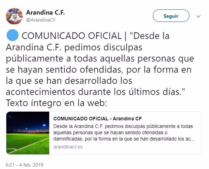 Comunicado de la Arandina C.F en el Twitter del club