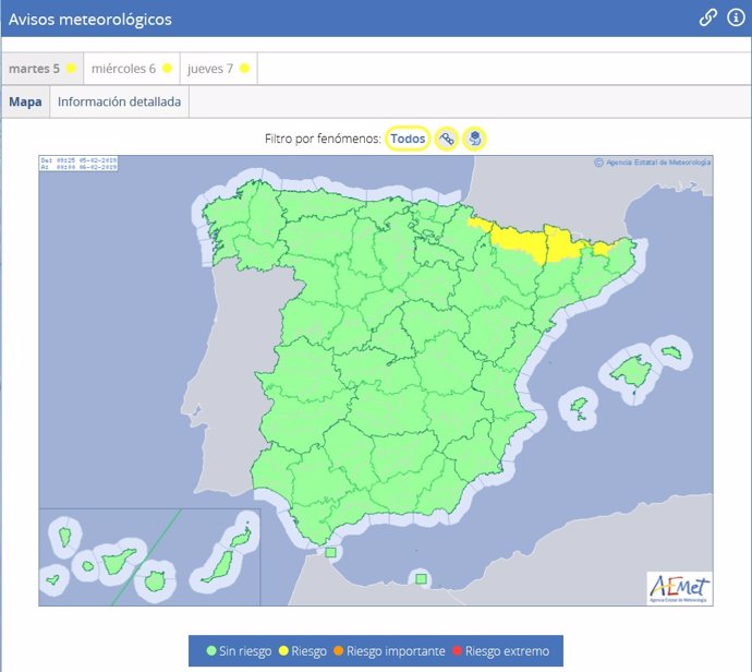 Mapa de avisos meteorológicos en España