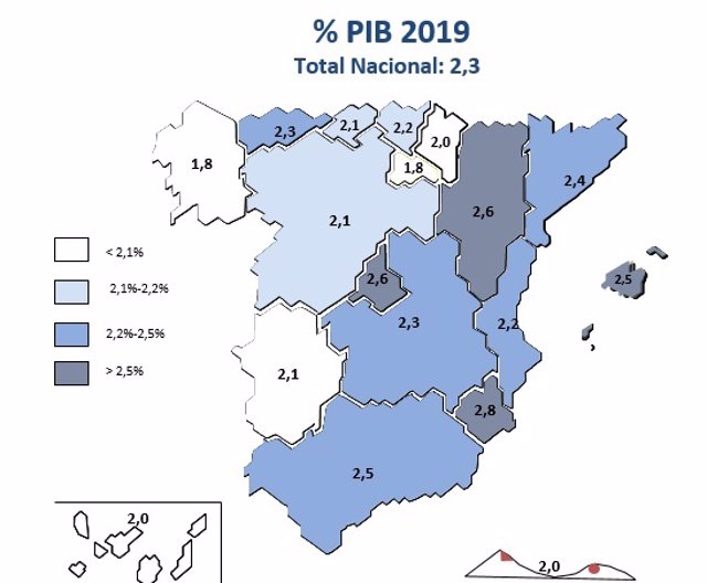 Mapa descriptivo sobre la previsión de crecimiento de las CCAA en 2019