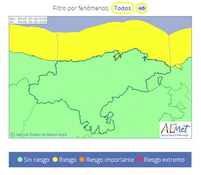 Mapa de la AEMET de avisos meteorológicos en Cantabria el 7 de febrero