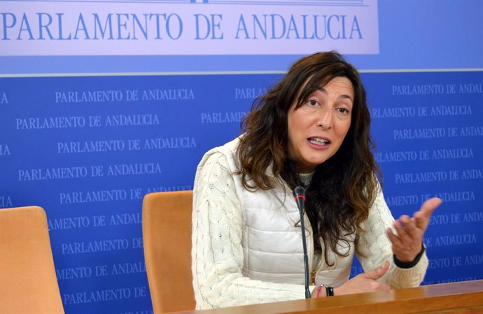 Loles López en rueda de prensa en el Parlamento de Andalucía