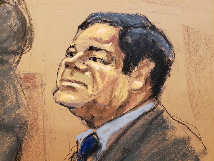 Accused Mexican drug lord Joaquin "El Chapo" Guzman sits in court in this courtr