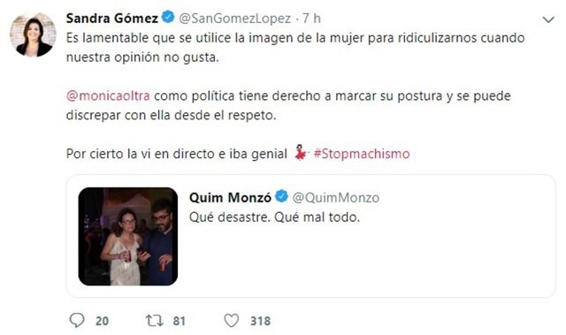 Tuit de Sandra Gómez en defensa de Mónica Oltra