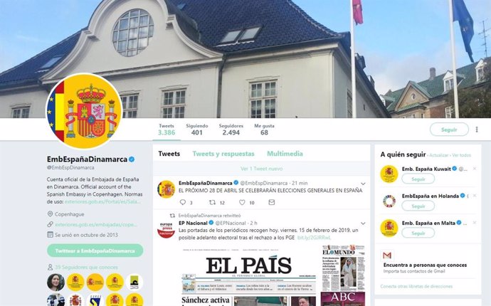 Captura del mensaje de Twitter en el que la Embajada de España en Dinamarca anun