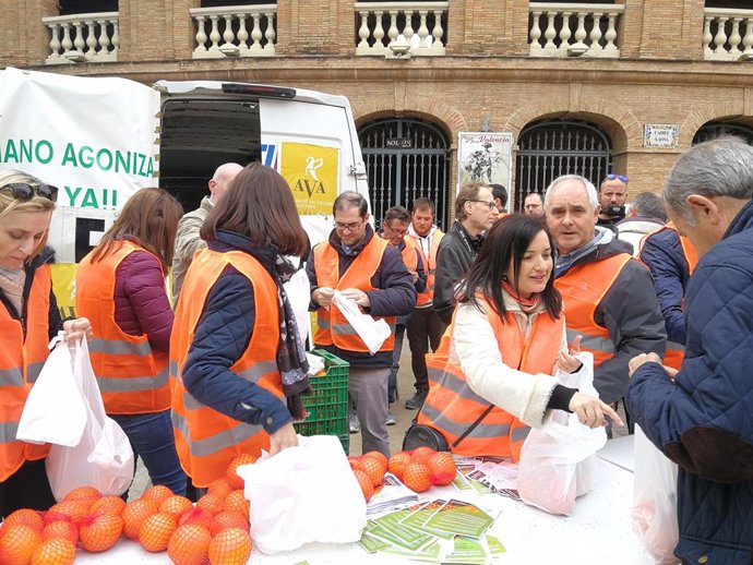 Agricultors valencians repartixen taronges gratis en protesta per la crisi citr