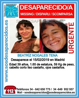 Beatriz Nogales Tena, desaparecida en Madrid desde el 14 de febrero