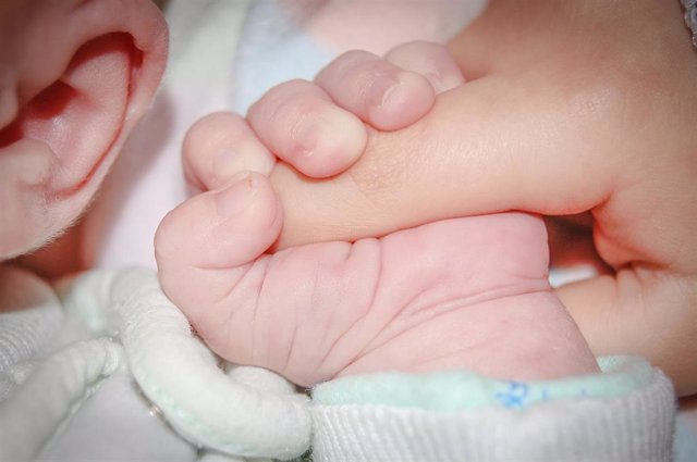 Un bebé coge un dedo de una mano