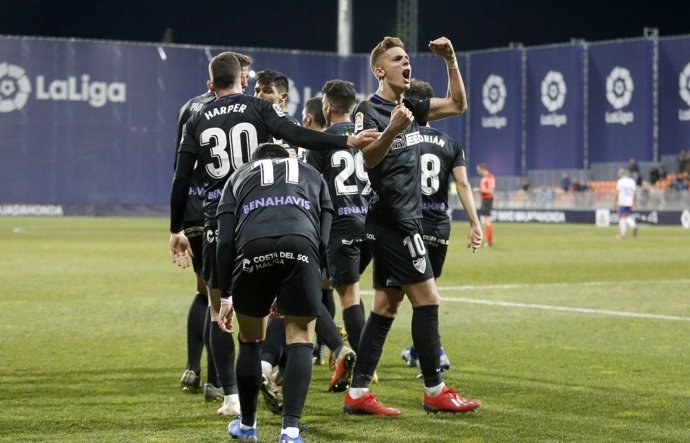 Los jugadores del Málaga CF celebran un gol en Majadahonda