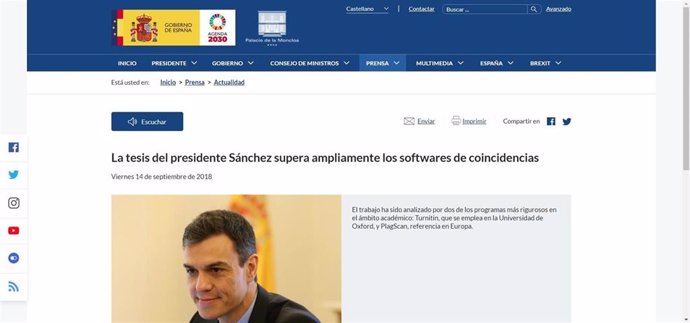 Nota de Prensa de Moncloa sobre la tesis de Pedro Sánchez