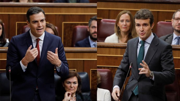 Fotomontaje "cara a cara" de Pedro Sánchez y Pablo Casado