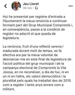 Un edil de Compromís en la Vila renuncia y pasa al grupo de los no adscritos