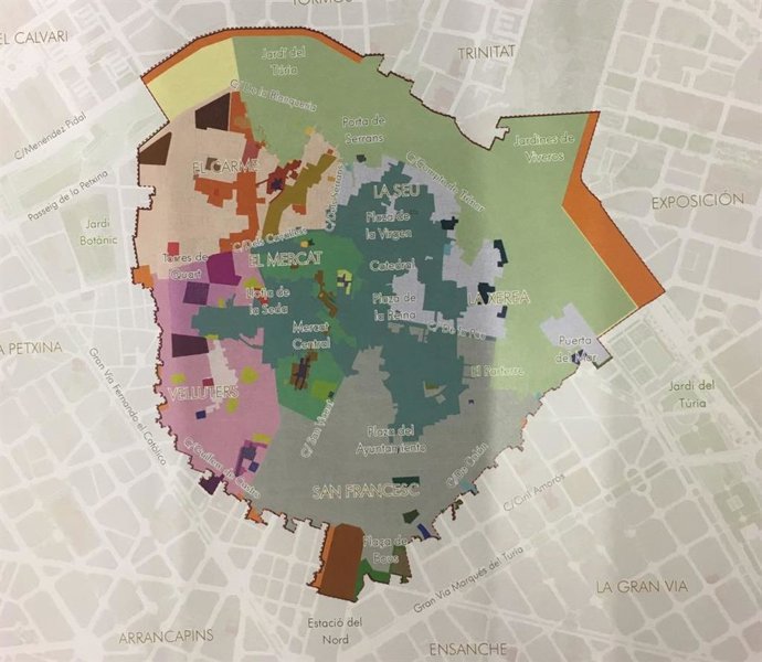 Mapa de Ciutat Vella y ámbito de aplicación de su Plan Especial de Protección