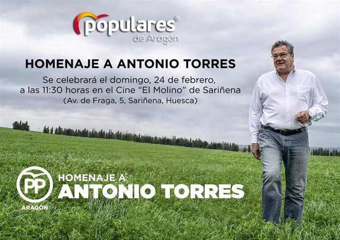 El PP aragonés rendirá homenaje este domingo a Antonio Torres en el cine 'El Mol