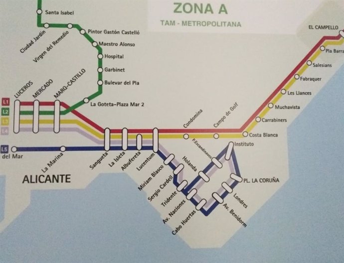 Nuevo plano del TRAM d'Alacant, con la nueva línea 5 en azul oscuro bordeando el