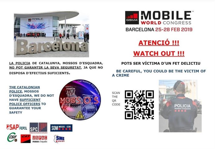 MWC.- Unos 40 mossos se concentran ante el MWC para alertar a congresistas de la