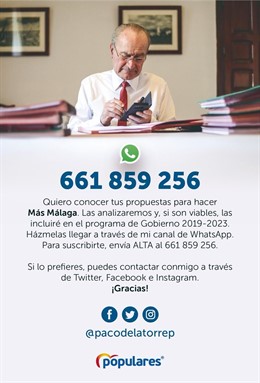 Málaga.- De la Torre anima a aportar ideas a través de su línea de WhatsApp y as