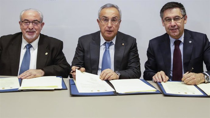 José Luis Mendoza (UCAM), Alejandro Blanco (COE) y Josep María Bertomeu (FC Barc