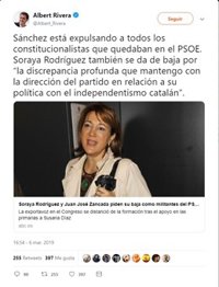 Rivera, sobre la baja de Soraya Rodríguez del PSOE, cree que Sánchez "está expulsando a todos los constitucionalistas"