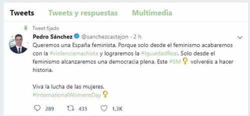 Pedro Sánchez quiere "una España feminista": "Este #8M volveréis a hacer histori