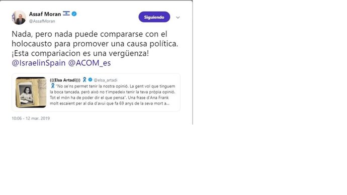 El número dos de la Embajada israelí tacha de "vergüenza" que Artadi use a Ana F