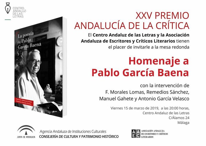 Málaga.- El Centro Andaluz de las Letras acoge un homenaje a la poesía de Pablo 