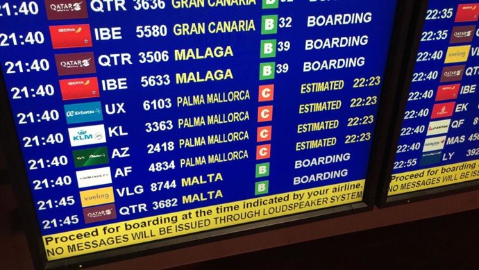 Retard, aeroport, pantalla, avió, palmell, embarcar, recurs