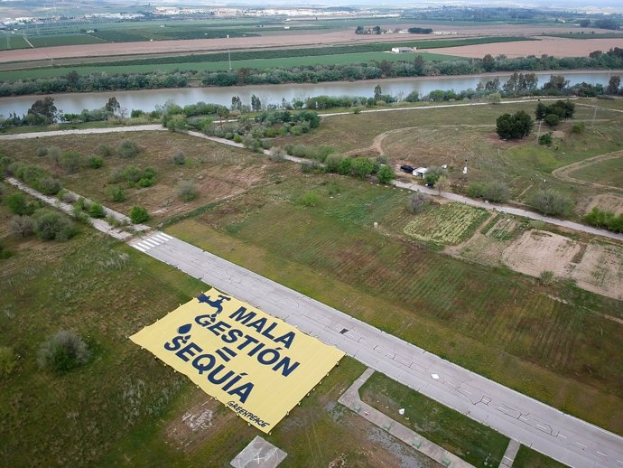 Greenpeace reprocha a la CHG con una pancarta gigante la "mala gestión" del agua