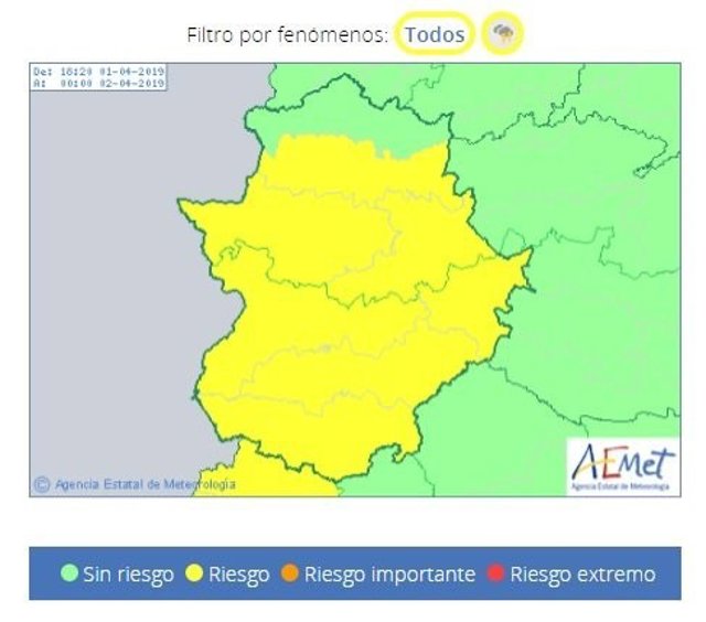 El 112 Extremadura amplía la alerta amarilla por tormentas para este lunes a la 