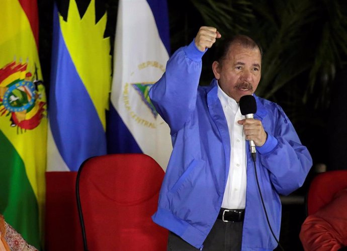 Nicaragua President Daniel Ortega speaks during a meeting with representatives o