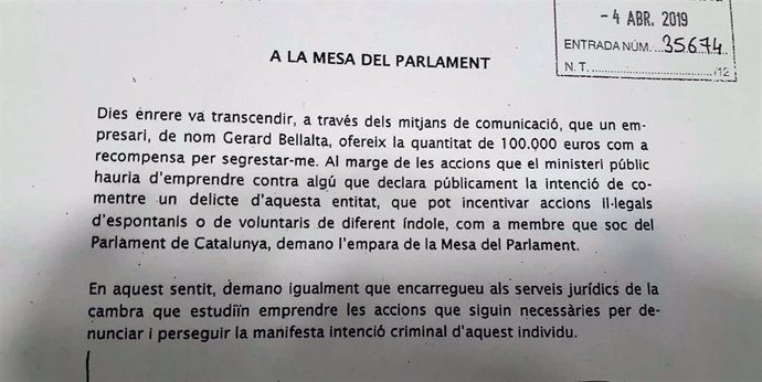 Puigdemont demana empara legal al Parlament davant una "amenaa de segrest"