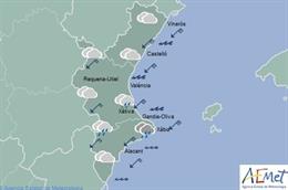 Las precipitaciones podrán ser persistentes y localmente fuertes en el norte de Alicante y sur de Valencia