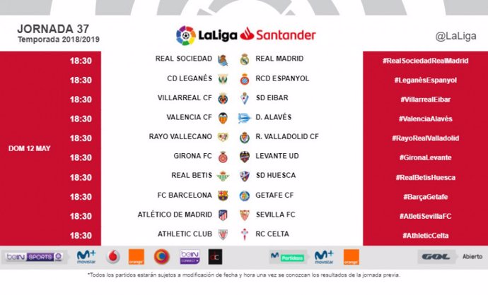 Fútbol/Liga Santander.- La jornada 37 se disputará en horario unificado el domingo 12 a las 18.30