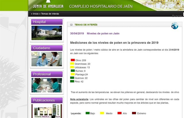 Jaén.- La web del Complejo Hospitalario de Jaén reanuda en primavera su información sobre los niveles de polen