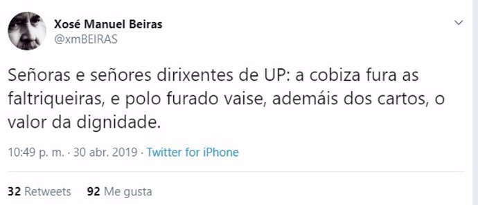 Beiras lanza un mensaje a Unidas Podemos ante el conflicto en el grupo de En Marea: "la avaricia rompe el saco"