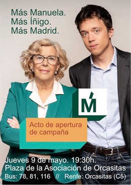 26M.- Orcasitas es el barrio elegido por Carmena y Errejón para arrancar el jueves por la noche la campaña de Más Madrid