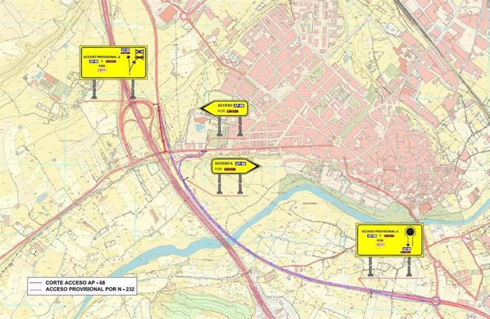 Cortes al tráfico del acceso a la LR-134 desde la N-232, sentido Zaragoza, por obras de reparación puentes en Calahorra