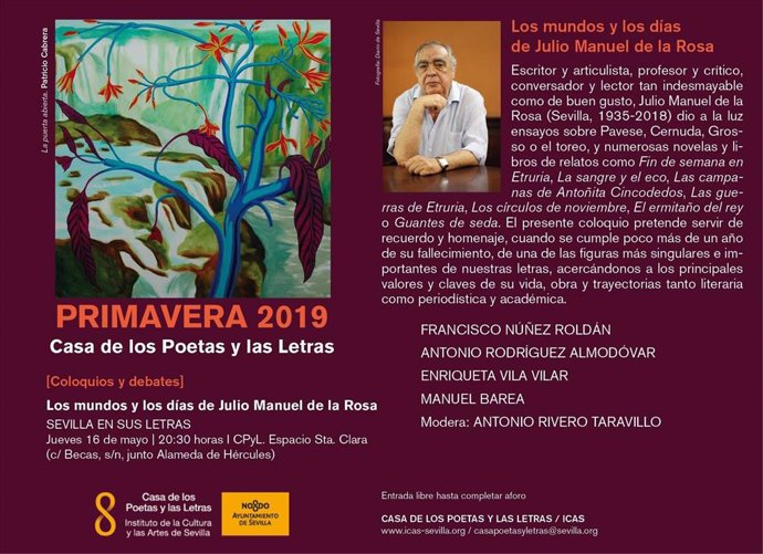 Sevilla.- La Casa de los Poetas acoge este jueves el coloquio 'Los mundos y los días de Julio Manuel de la Rosa'
