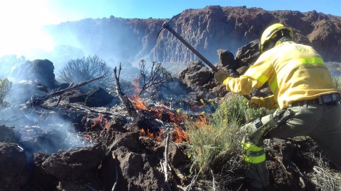Más de una veintena de efectivos trabajan en el Teide tras la reactivación del incendio