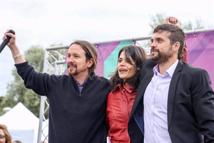 Pablo Iglesias interviene en un acto de Unidas Podemos junto a María Eugenia Rodríguez Palop en Alcorcón, Madrid