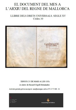 El Arxiu del Regne de Mallorca presenta este jueves el Libro de los derechos universales como documento del mes
