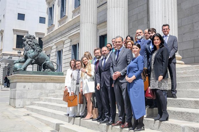 Los 24 diputados de Vox se fotografían en la escalinata principal del Congreso